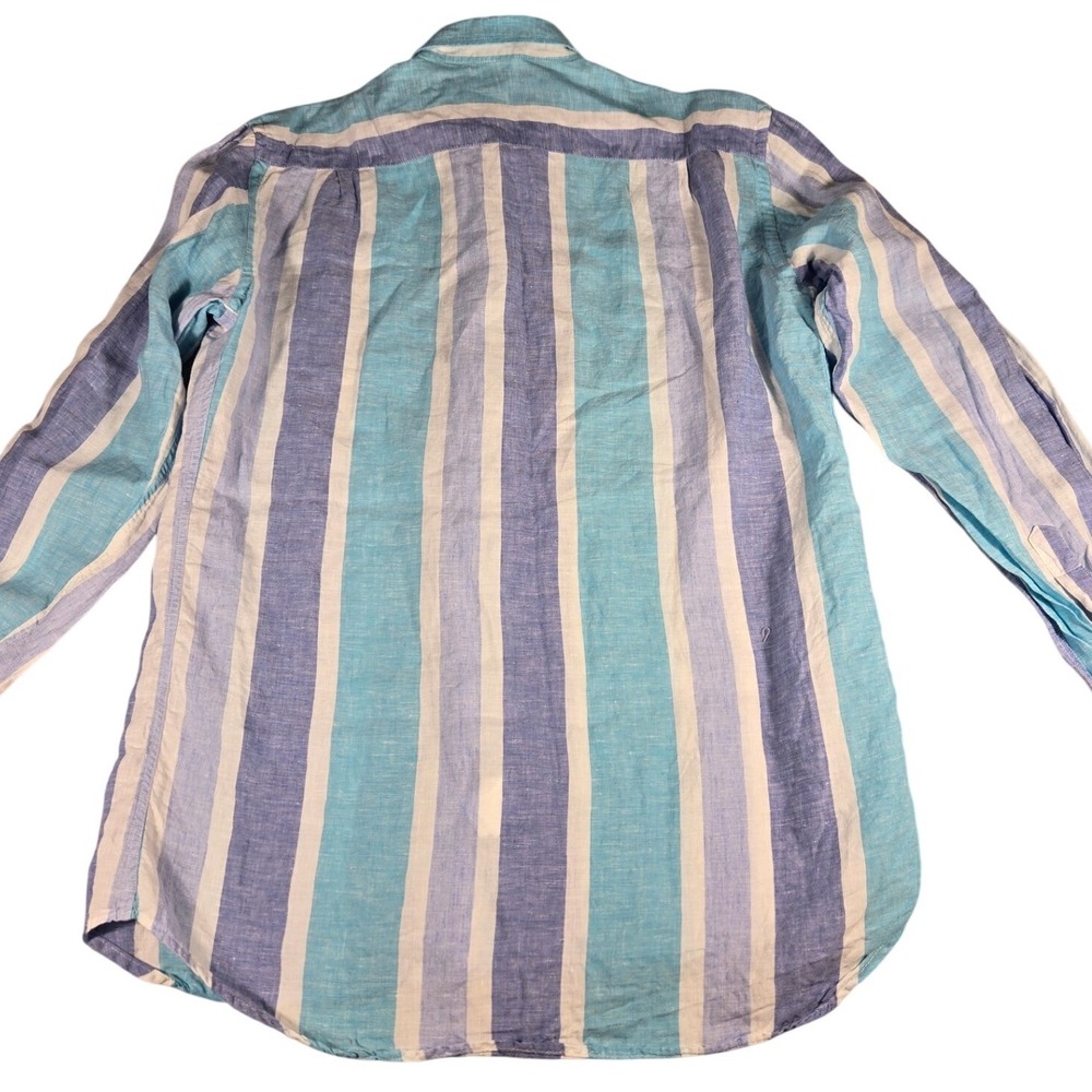 Tommaso Mezzetti Mens Xxl Blue Turquoise Striped Linen Button Dwn Shirt Long Slv View 5